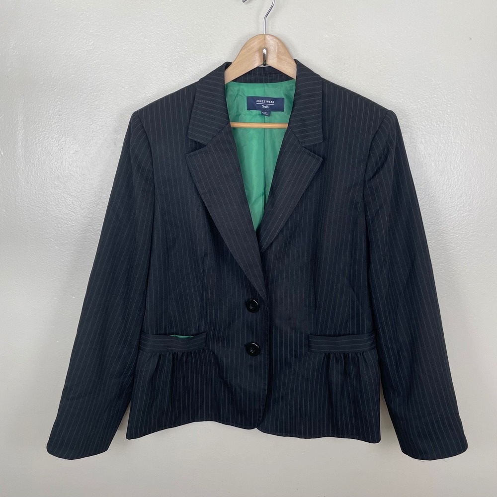 Jones Wear Women's 18 Blazer‎ Black Pinstripe Peplum Hem Green Lining Jacket